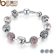 BAMOER Antique Silver Charm Bracelet & Bangle with Love and Flower Crystal Ball Women Wedding Mother's Day Gift PA1455