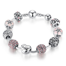 BAMOER Antique Silver Charm Bracelet & Bangle with Love and Flower Crystal Ball Women Wedding Mother's Day Gift PA1455
