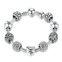 BAMOER Antique Silver Charm Bracelet & Bangle with Love and Flower Crystal Ball Women Wedding Mother's Day Gift PA1455
