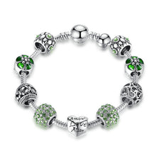 BAMOER Antique Silver Charm Bracelet & Bangle with Love and Flower Crystal Ball Women Wedding Mother's Day Gift PA1455