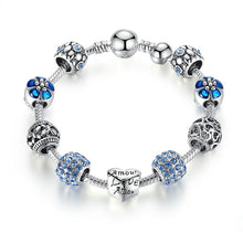 BAMOER Antique Silver Charm Bracelet & Bangle with Love and Flower Crystal Ball Women Wedding Mother's Day Gift PA1455