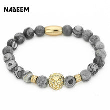 NADEEM Fashion Masculinas Natural Marble Stone Lion Head Bracelet Women Pulseras Hombre Bracciali Men's Elastic Bead Bracelet